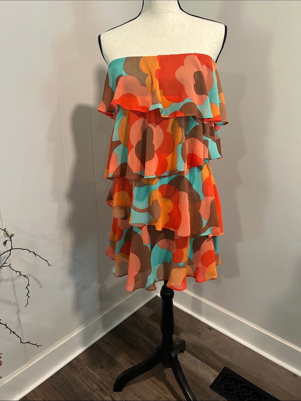 Judith March Strapless Tiered Floral Dress in Orange, Teal, Brown